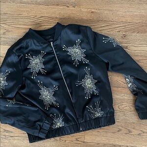 Endless Rose Beaded Embroidered Black Satin Bomber Jacket